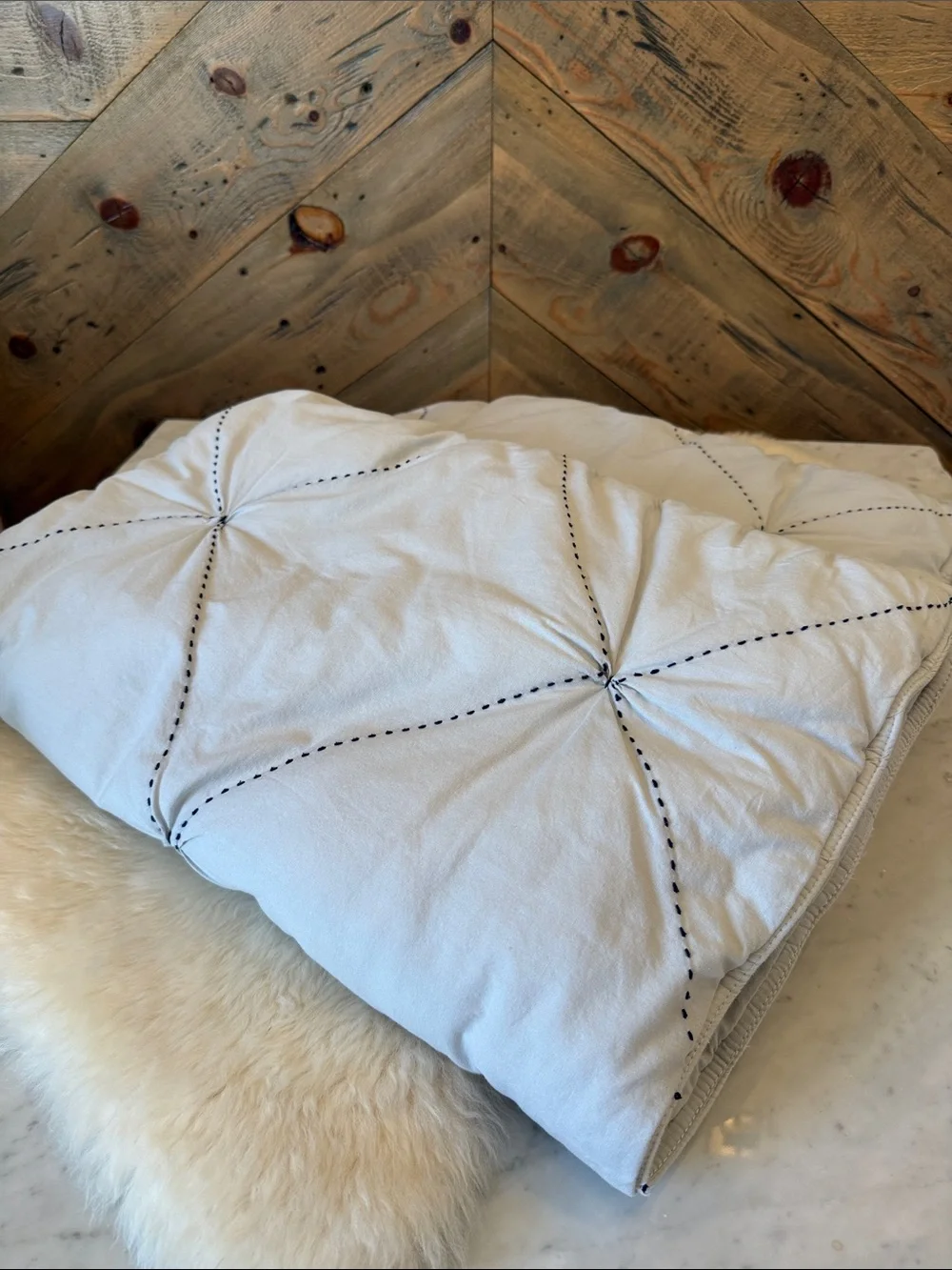 West Elm Light Blue Pintuck Shams with Navy Stitching